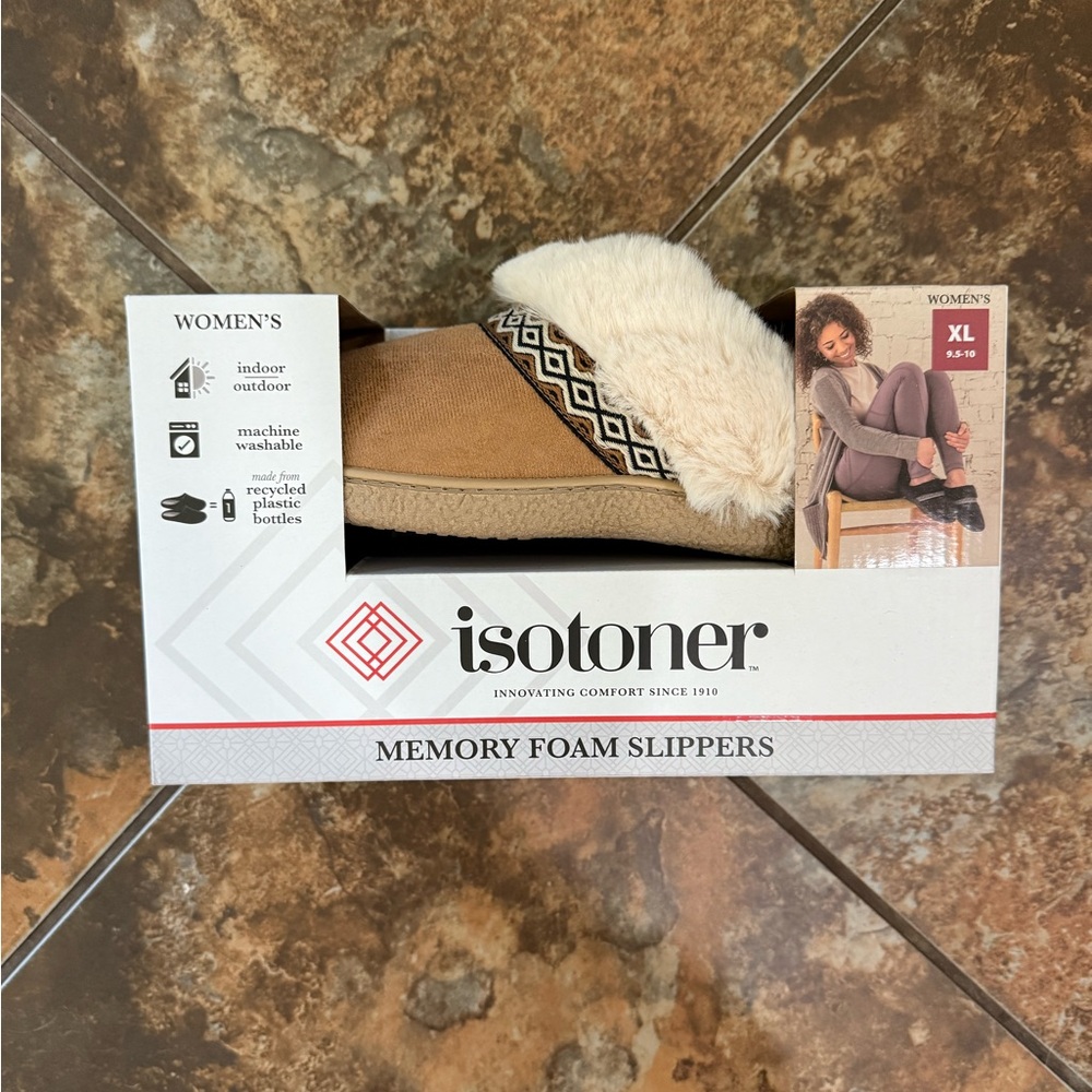 Isotoner Tan and Cream Memory Foam Slippers